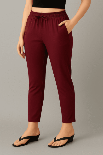 Cotton Maroon Straight Cut Pants